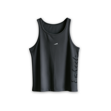 Dark grey sleeveless shirt with a brand logo on a white background
