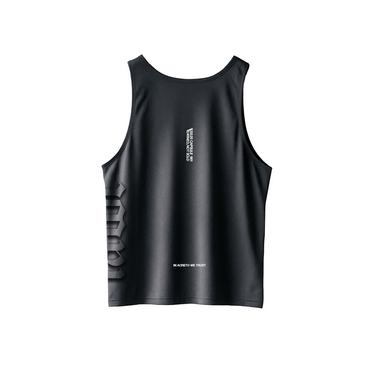 Dark grey sleeveless shirt with branding on a white background